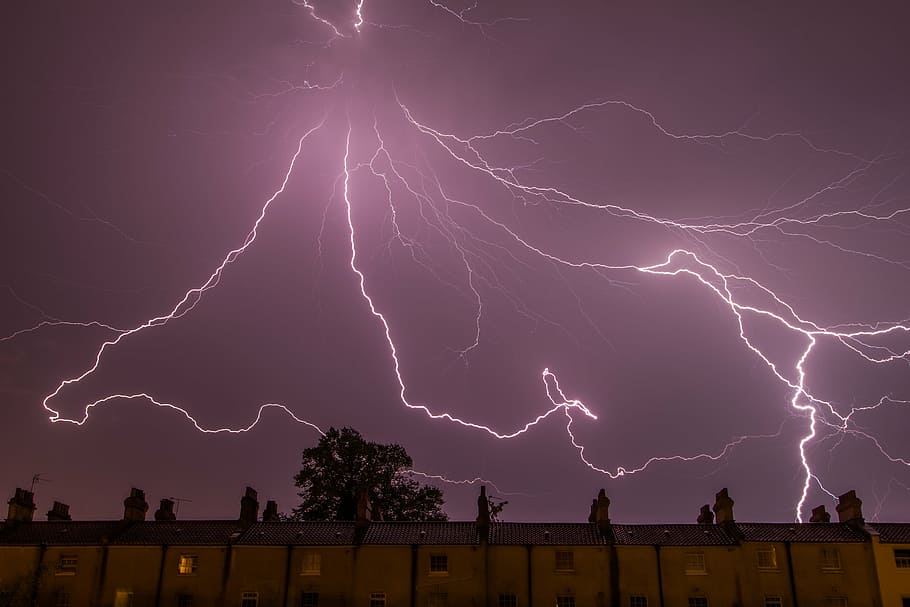 low, angle photography, lightning, building, struck, nature, landscape, amazing, people, trees