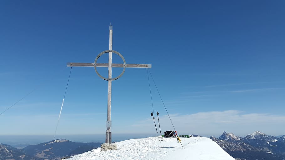 Summit Cross, Bschiesser, cimeira, cruz, céu, montanhismo, montanhas tannheimer, inverno, montanhas, tirol