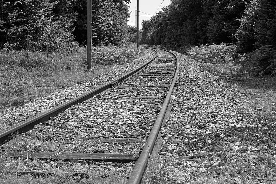 track, train, transport, travel, no person, outdoor, horizontal, gravel, curve, iron