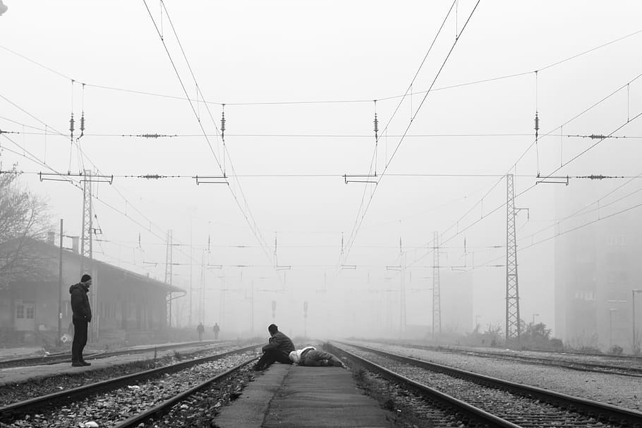 people, train, tracks, waiting, road, rail, drunk, black, white, station