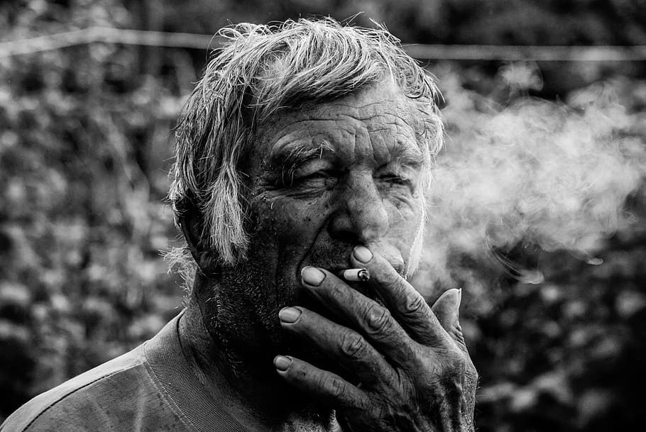 man, cigarette, smoking, portrait, bw, smoke grandpa, old age, hand, village, wrinkles