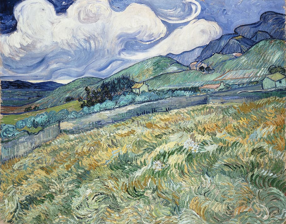 green, grass field, houses, mountain painting, vincent van gogh, mountains, fields, art, artistic, painting