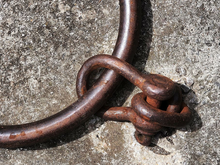 shackle, ring, iron, steel, rust, attach, attachment, bondage, join, hold