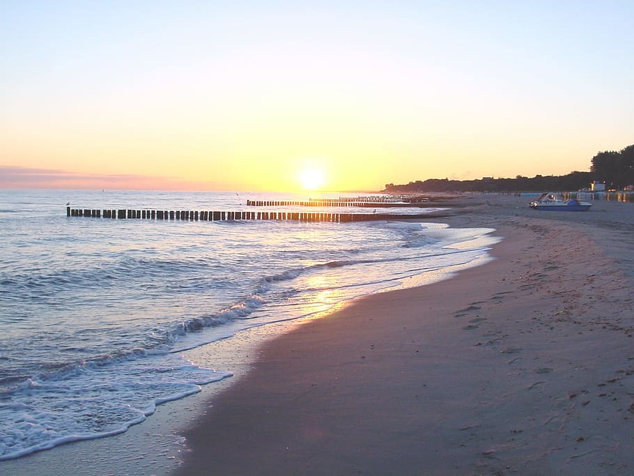 playa, sol de la tarde, puesta de sol, mar báltico, banco, estado de ánimo, romántico, mar, cielo, agua