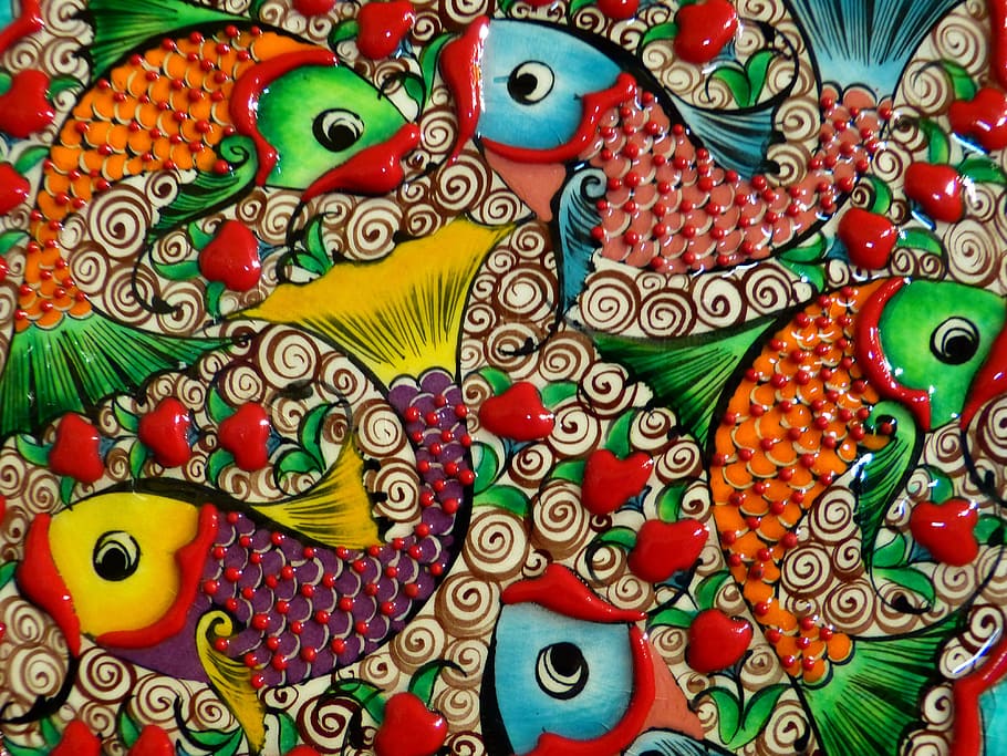 blue, red, orange, green, koi fish painting, fish, colorful, ceramic, color, animals