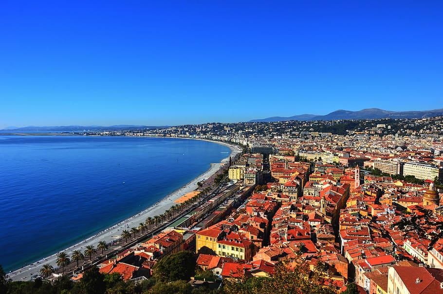 aerial, photography, city buildings, body, water, daytime, nice, promenade des anglais, côte d'azur, france
