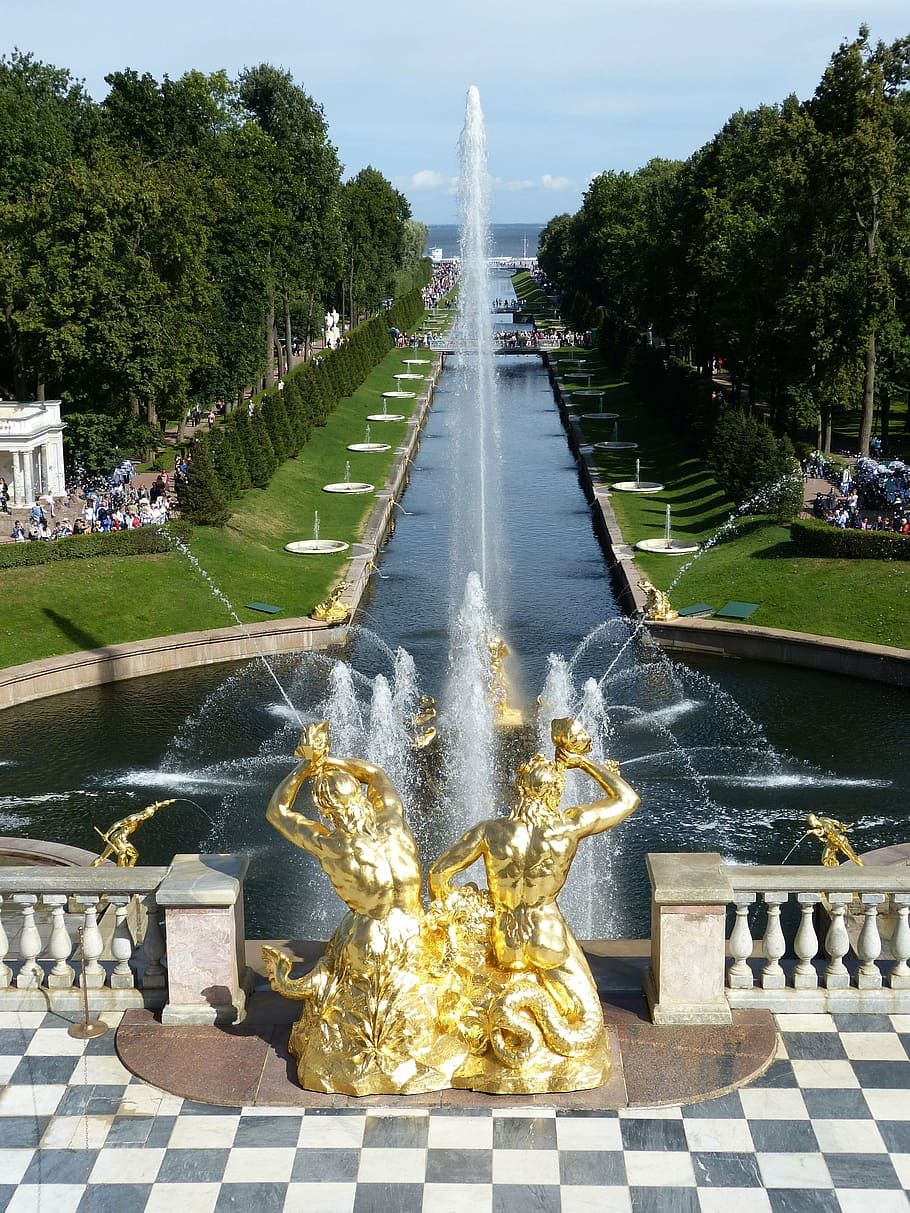 water fountain, sankt petersburg, russia, st petersburg, tourism, channel, historically, places of interest, palace, peterhof