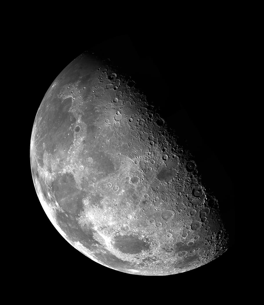 close, moon, half moon, darkness, sky, galileo image, telescope, telescopic, magnifying, black and white