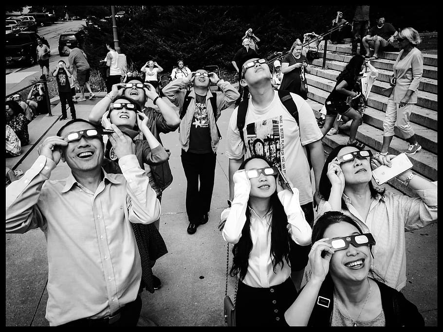 people, holding, 3d, glasses, eclipse, solar eclipse, expression, looking up, sky, pov