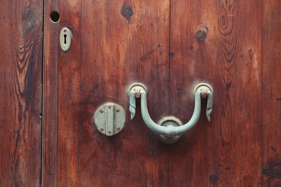 white, metal door knocker, wooden, brown, surface, gray, metal, knocker, wood, door