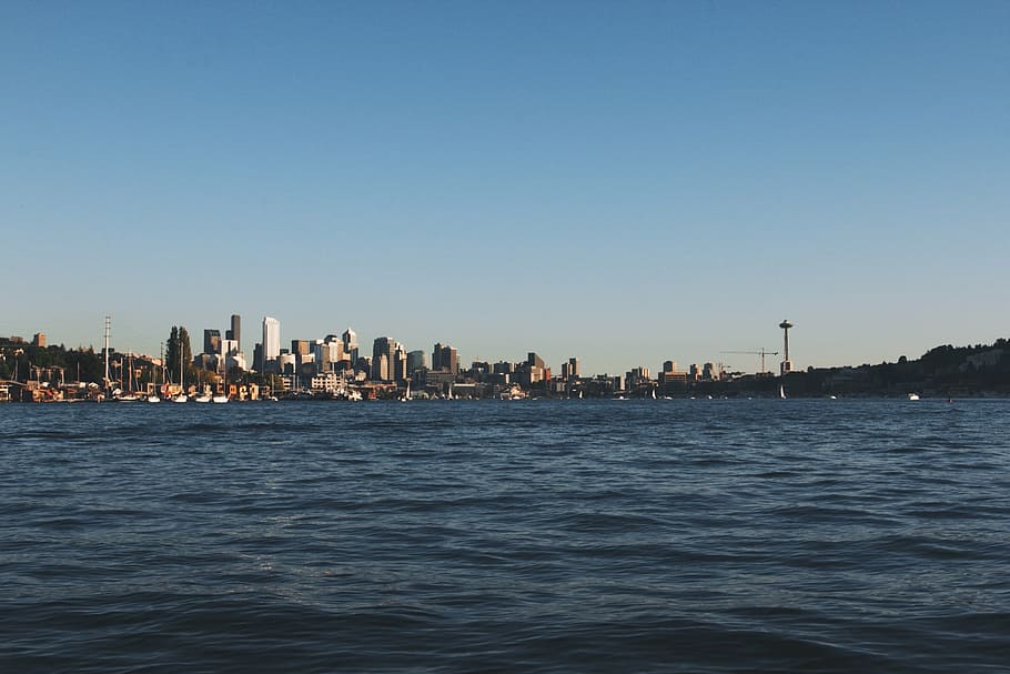 cityscape photography, daytime, body, water, front, city, skyline, buildings, architecture, towers