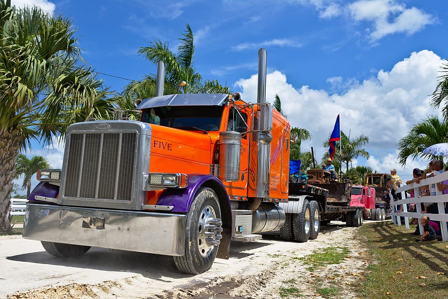 truck, big rig semi, haul, orange, power, transportation, mode of transportation, land vehicle, motor vehicle, industry