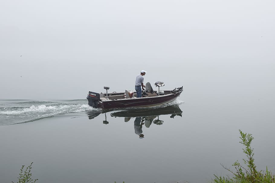 Foggy, Morning, Fisherman, Lake, Nature, foggy morning fisherman, fog, boat, motor, reflection