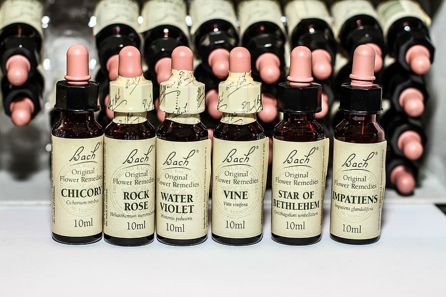 assorted bach vial, bach flowers, bach remedies, alternative medicine, naturopathy, in a row, large group of objects, bottle, label, healthcare and medicine