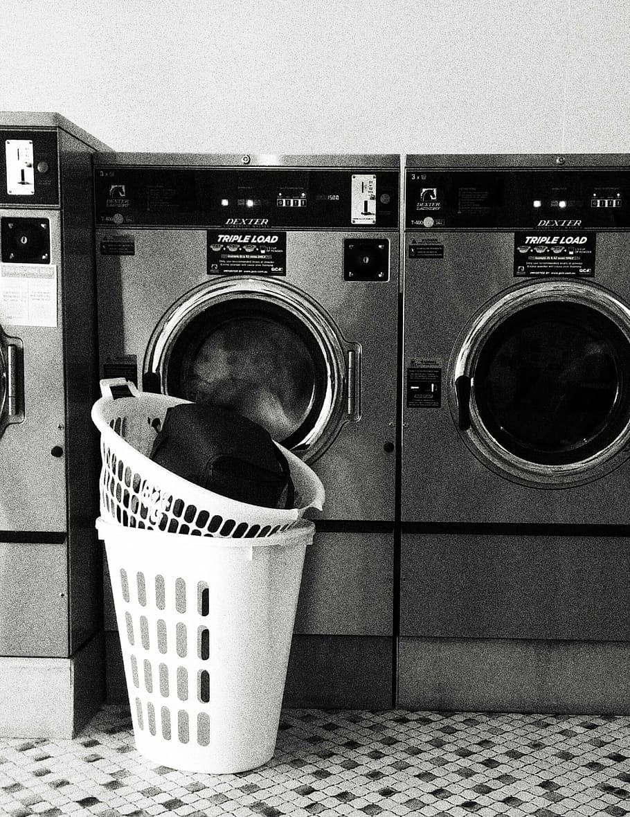 grayscale photography, washing, machines, laundromat, laundry, launderette, laundry baskets, washing machines, washing Machine, appliance
