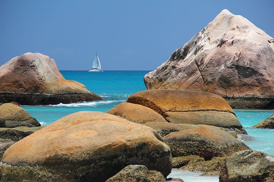 brown, gray, rocks, seashore, white, boat, background, sea, boot, seychelles