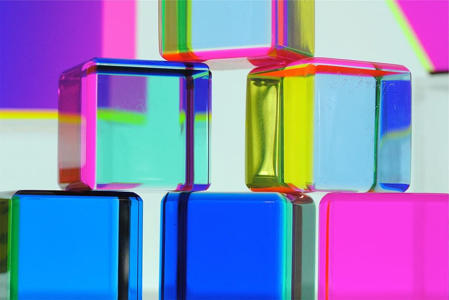 assorted-color glass cubes, cubes, squares, colors, colours, design, shapes, multi colored, blue, indoors