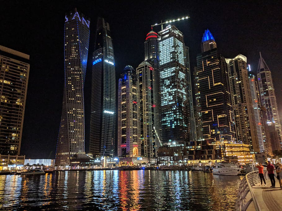 Emirados Árabes Unidos, Dubai, Emirados, cidade, noite, viagens, Paisagem urbana, luxo, arranha-céus, luzes