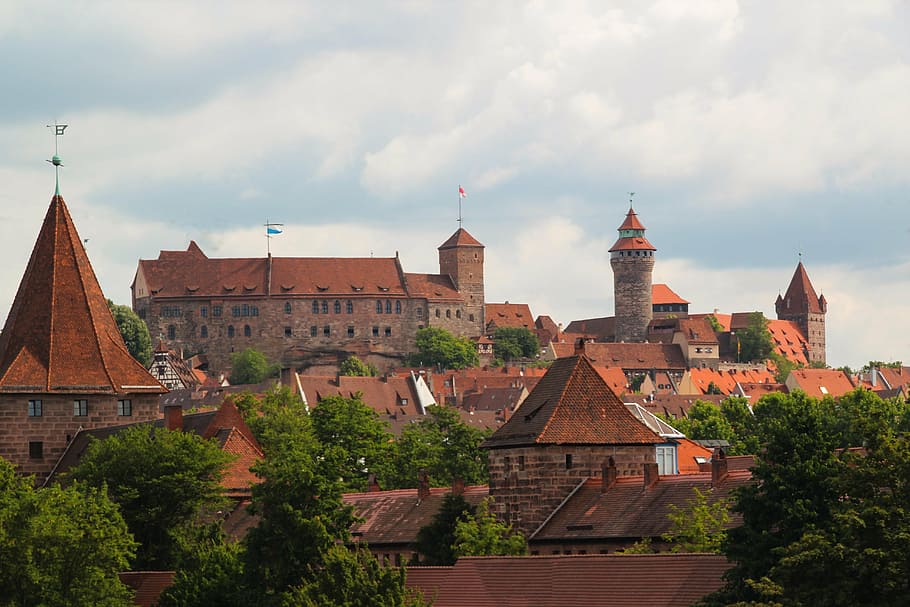 top, angle photography, red, roof, tiled, buildings, nuremberg, castle, middle ages, imperial castle