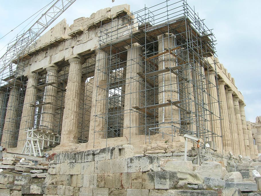 ancient ruins, acropolis, restoration, athens, greece, ancient, stone, column, hellenic, architecture