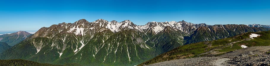 landscape, panorama, mountain, 穂高岳, elevation 3190m, adam's peak, elevation 3180m, the chubu sangaku national park, nagano prefecture, japan