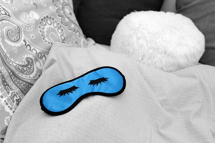 óculos de dormir, azul, cama, sono, aconchegante, descanso, recuperar, travesseiro, cobertor, quarto