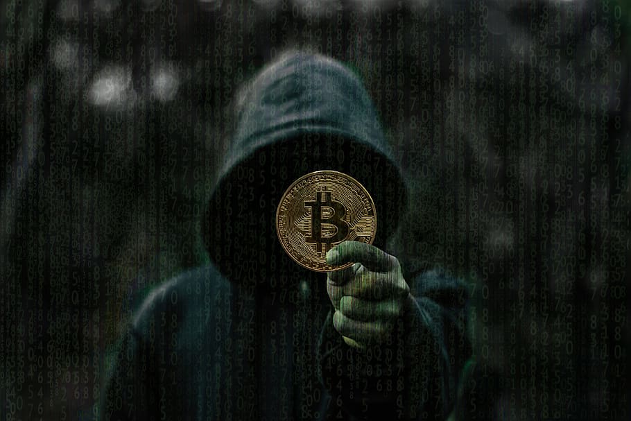 persona, mostrando, moneda redonda de bitcoin de color dorado, oscuro, blockchain, criptografía, digital, tecnología, código, datos