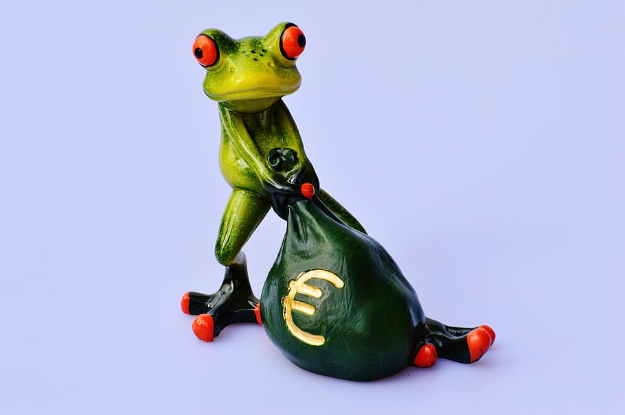 red-eyed frog, pulling, garbage bag illustration, frog, money, euro, bag, money bag, funny, cute