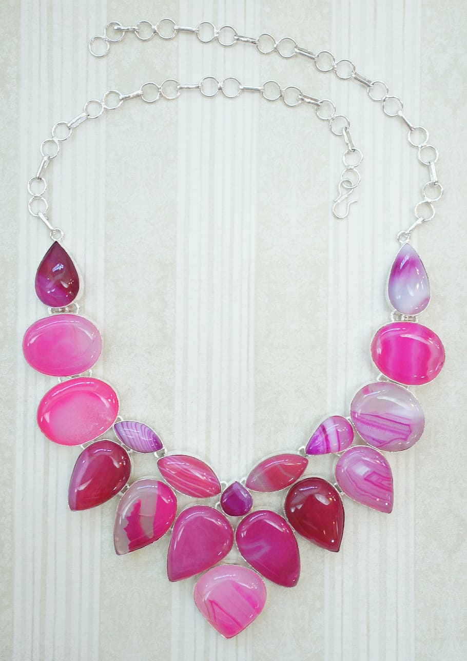 silver-colored necklace, pink, stones, hot pink, agate, drusy, druy, necklace, choker, exotic