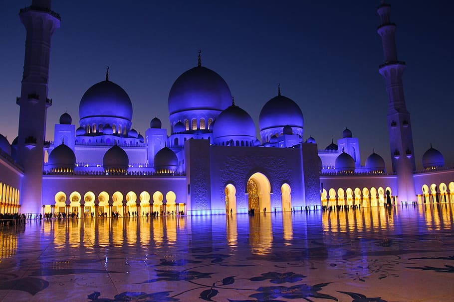 night, view, evening, pray, muslim, amazing, sheikh zayed grand mosque, mosque, minaret, architecture