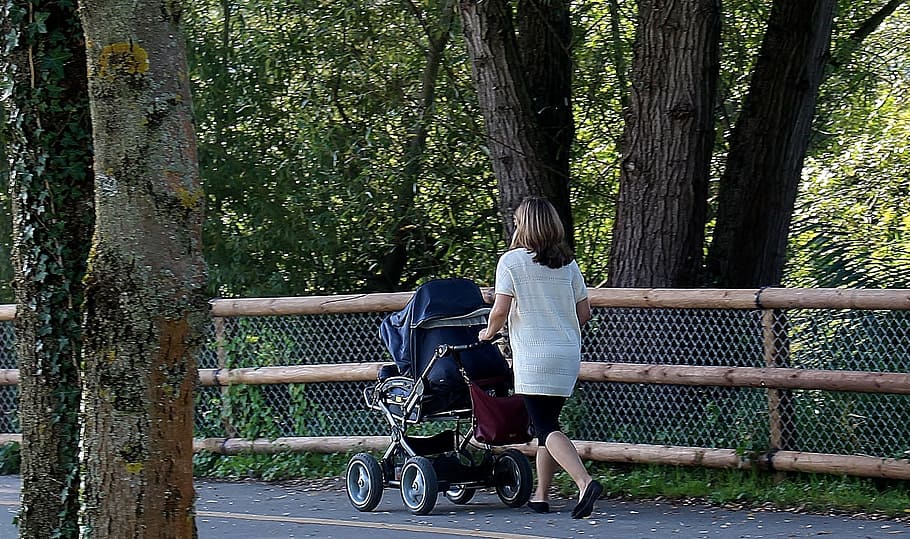 woman, pushing, black, stroller, baby carriage, pedestrian way, walk, recover, lake constance, arbon