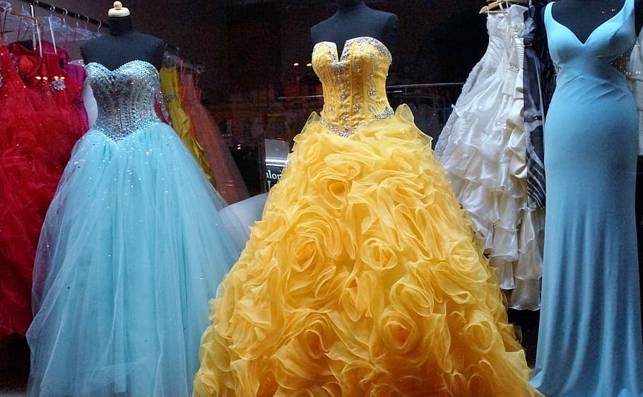 women, assorted-colored gowns, display, daytime, dress, ball, clothing, princess, prom dress, social