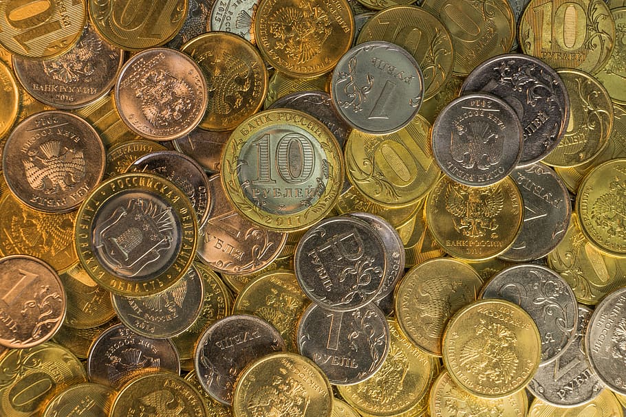 moneda, riqueza, finanzas, fondo, dorado, rublo, rusia, monedas, dinero, fotograma completo