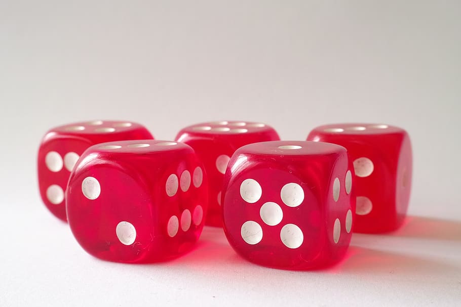 five, red, white, dices, surface, dice, cubes, game, play, gambling