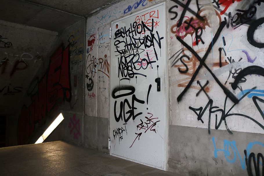 graffiti, staircase finish, lights, tunnel, weird, underpass, light, away, tube, vault