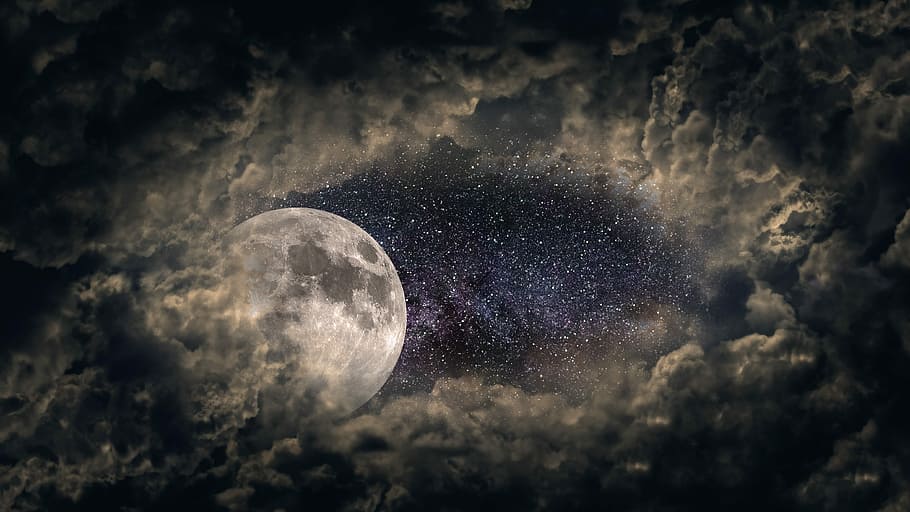 completo, luna, cubierto, nubes, universo, estrella, noche, velo de nubes, luna llena, cielo