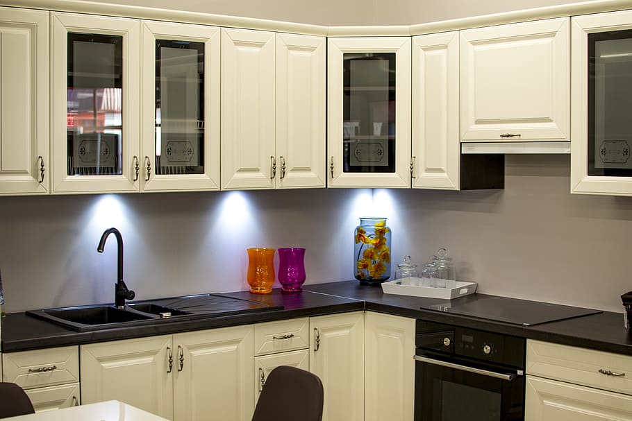 white, black, wooden, kitchen cabinet, furniture, kitchen, luxury, comfort, modernity, design