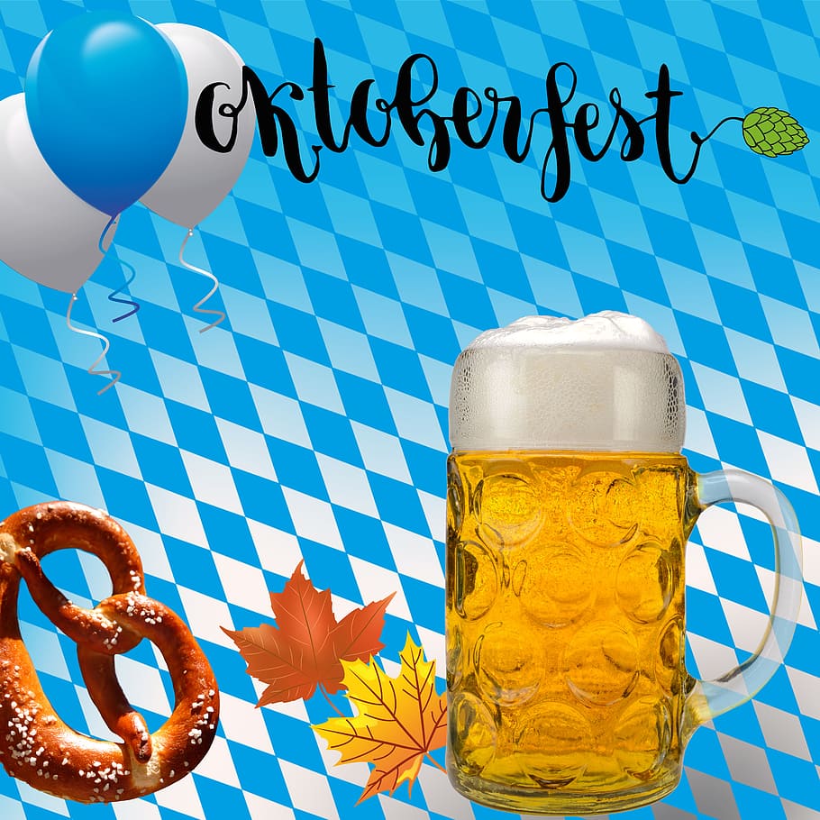clear, glass beer mug, text overlay, oktoberfest, munich, folk festival, bavaria, bavarian, fun, blue