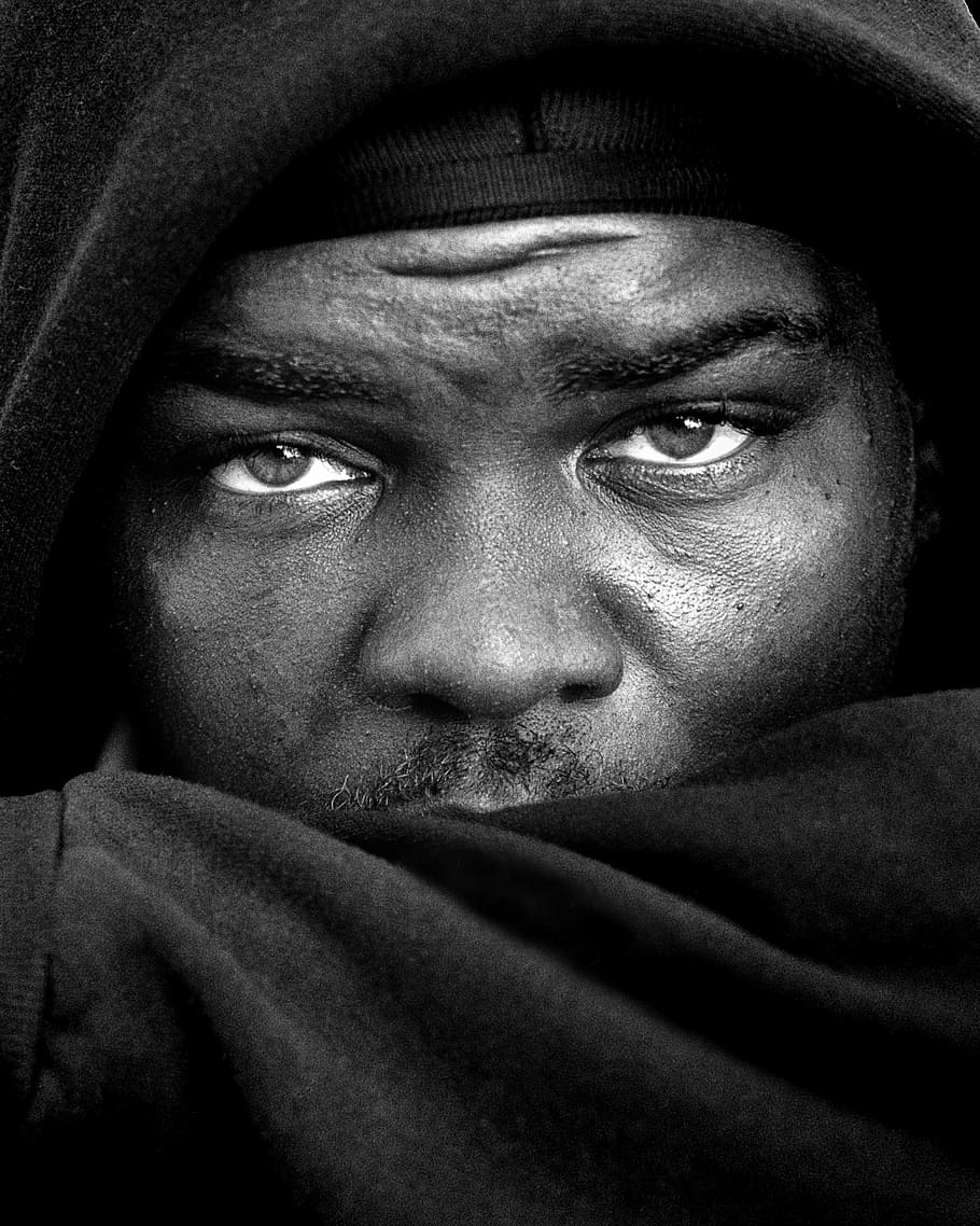 grayscale photo, man, face, wearing, hooded jacket, people, peoples, homeless, male, b w