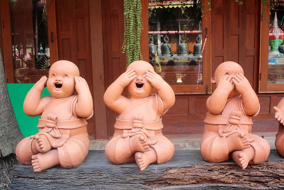 three, wise, baby statue, brown, wooden, plank, Buddha, Figures, Stone, Figure