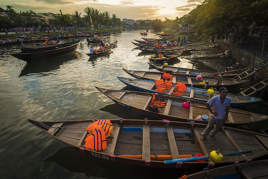 barco, hoian, agua, vietnam, pescadores, barcos, crepúsculo, viajes, reflexiones, laguna