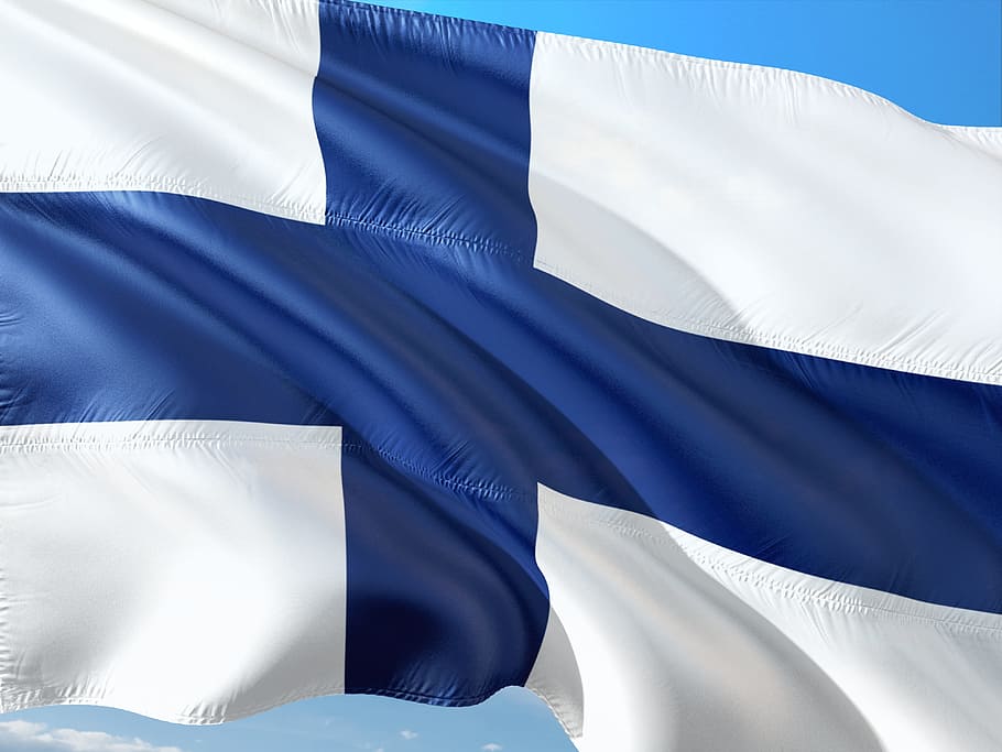 blue, white, flag, international, finland, white color, environment, wind, sunlight, nature