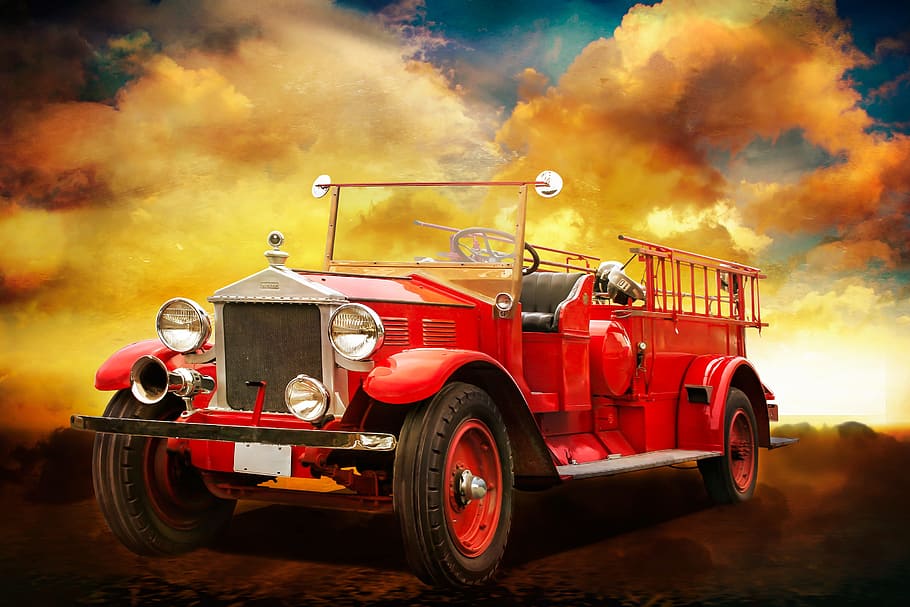 vintage, red, firetruck illustration, vehicles, fire, fire truck, blue light, use, rescue, disaster