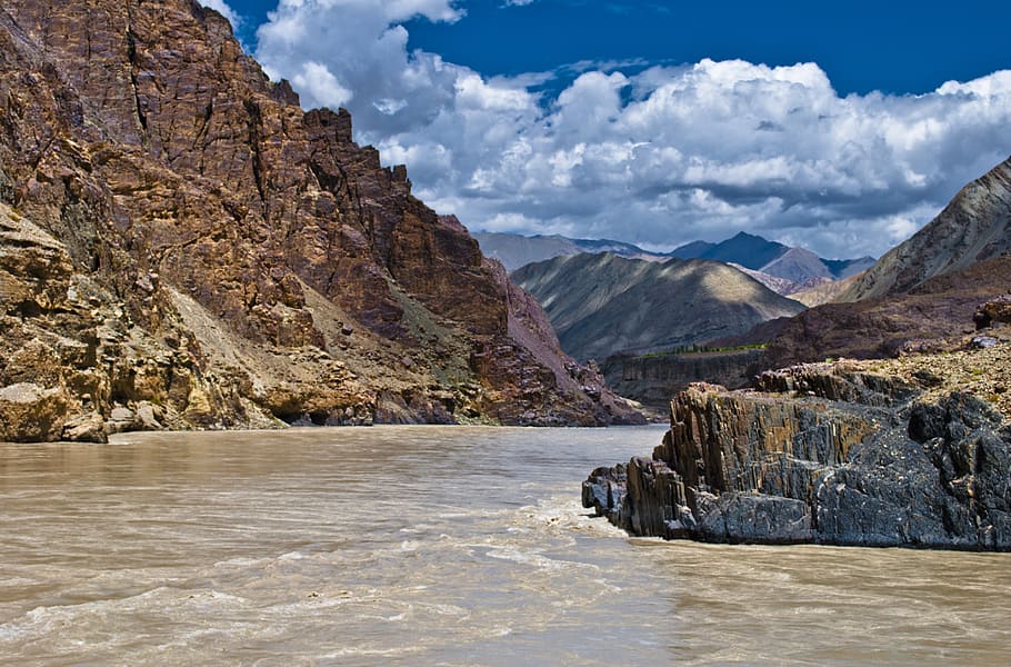 landscape, river, muddy, mountain, sky, clouds, nature, india, ladakh, water