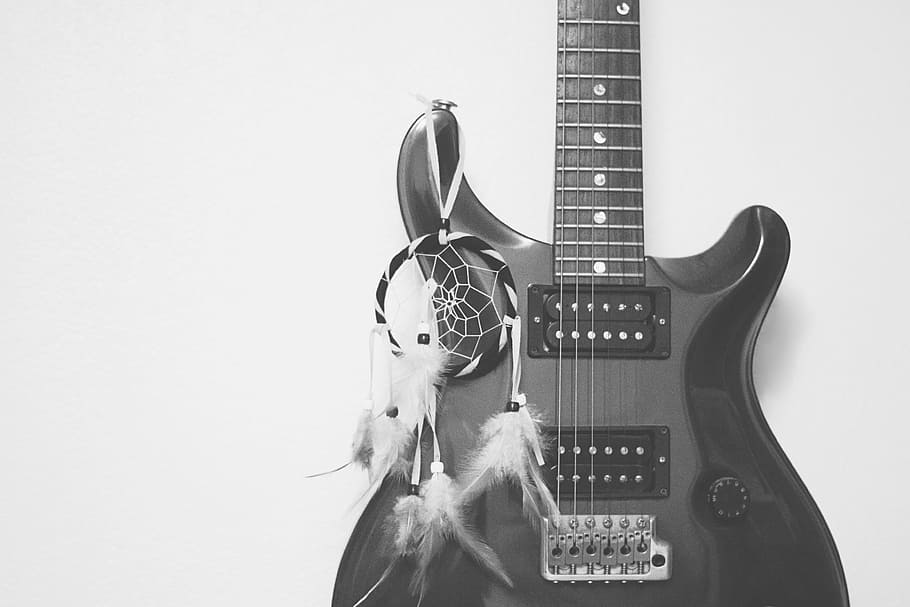 grayscale photo, stratocaster, electric, guitar, dreamcatcher, instrument, music, black, white, musical