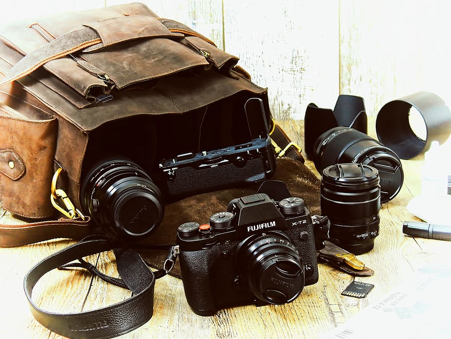 black, fujifilm camera, lenses, brown, bag, camera, fs, dslm, camera system, digital camera