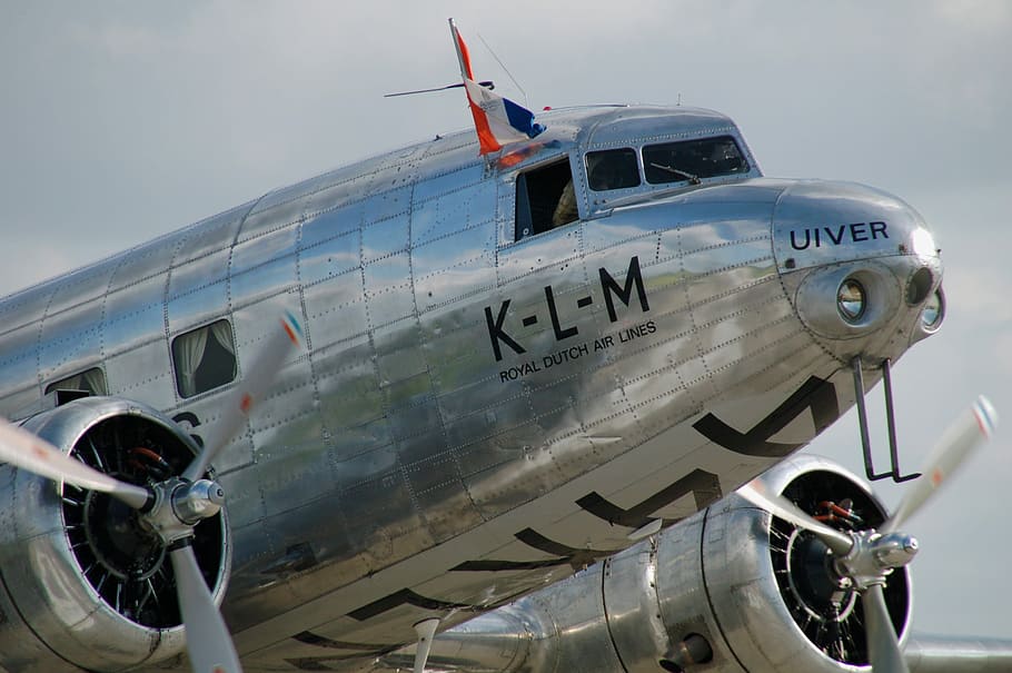 silver klm plane, plane, transport, aircraft, klm, uiver, airshow, motor, engine, propellor