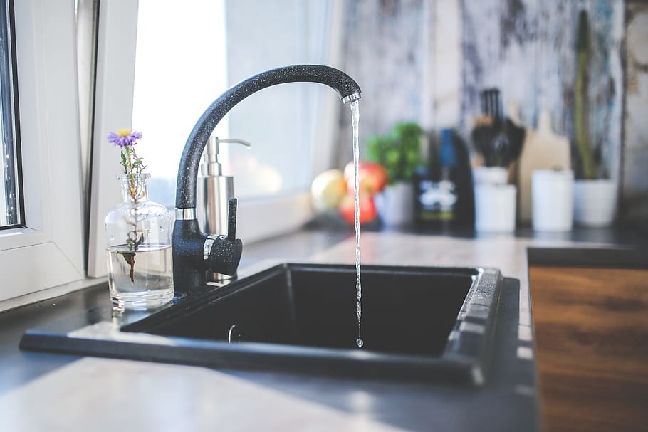 turned, black, gooseneck faucet, tap, faucet, kitchen, sink, interior, design, modern