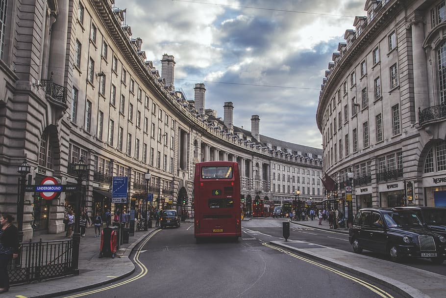red, double, deck bus, road, concrete, buildings, daytime, london, regent street, england