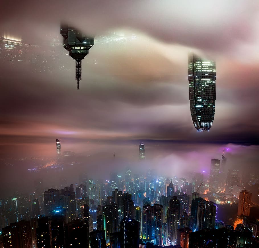 mist, a surname, mountain, clouds, hong kong, construction, late, night, city, building exterior